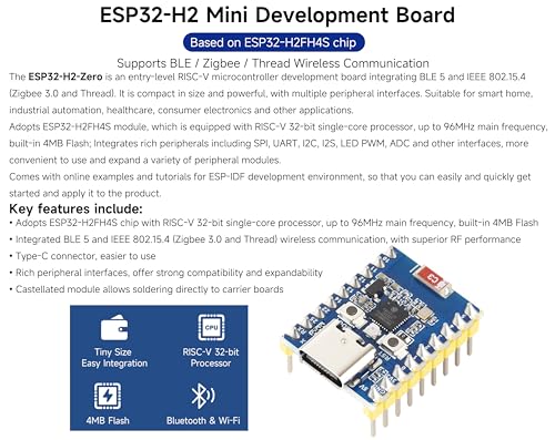 ESP32-H2 Mini Development Board with Pre-soldered Header, Onboard ESP32-H2FH4S with 96MHz Processor, Built-in 4MB Flash, Supports BLE/Zigbee/Thread Wireless Communication, Type-C Connector - Image 2
