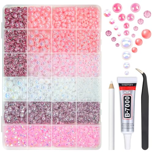 qiipii 3mm-10mm Flatback Pink Pearls and Resin Rhinestones w B7000 Jewelry Glue for Bedazzling Crafting White AB Half Pearls Gems Stones Diamonds Charms for Face Eyes Makeup Tumblers Bottles Beauty