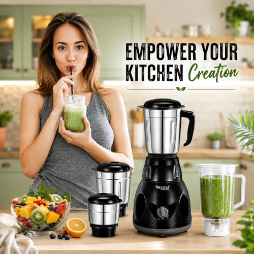 Image of Skystar 750W 4 Jar BIS Approved Juicer Mixer Grinder with Heavy Duty Motor, Premium Black Diamond Cut Body, 3 Speed Modes, Durable ABS Build, 2 Years Warranty