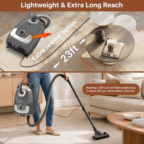Image of Akitas C11 Bagged Canister Vacuum Cleaner, Light Weight HEPA Filtration, 33ft Cleaning Radius with Retractable Cord, Ideal for Hard Floors & Low-Pile Carpet Extra Floor Brush