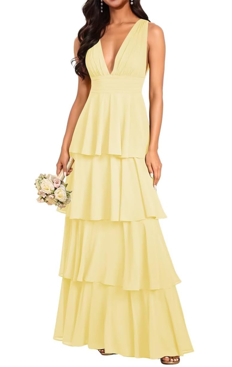Wseyu Women's Yellow Double V-Neck Princess Bridesmaid Dresses Tiered Chiffon Prom Dresses Ruffles Formal Evening Party Gown Zm223 Uk8
