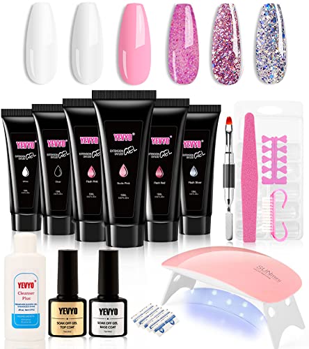 Poly Gel Nail Kit, YEVYO Poly Nail Gel Kit with UV Lamp for Beginners with Everything, Gel Extension Nail Kit with Slip Solution