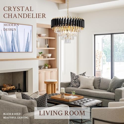 Image of Modern K9 Crystal Chandeliers Gold -Round Crystal Chandelier for Living Room Colors.Warm White, Moon Light,Golden,Led Plate Included (Black Gold, 500MM)