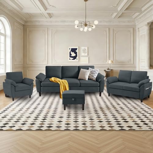 Enobala Convertible Sectional Sofa Set, 4 Pieces Sectional Sofa Set for Living Room Apartment, Modern 3-Seat Sofa + Ottoman + Loveseat+ Accent Chair, Dark Grey