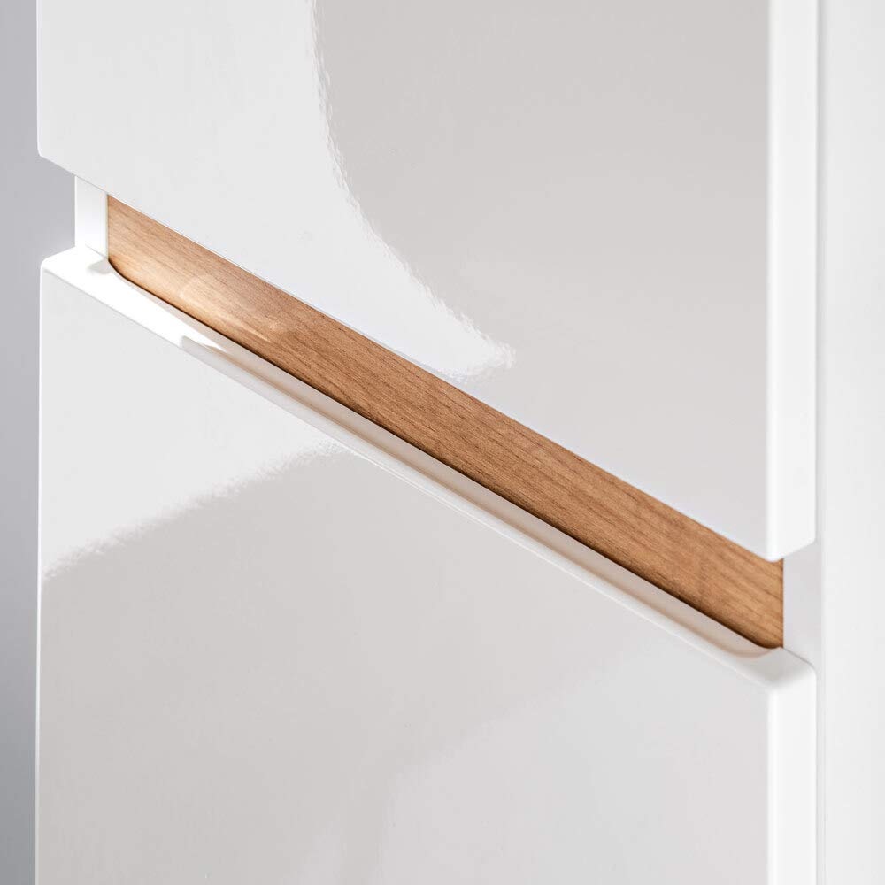 Lomadox Badmöbel Komplett Set, 80cm Unterschrank mit Keramik Waschbecken, Hochglanz weiß mit Wotaneiche, 2 Hochschränke und LED-Spiegelschrank