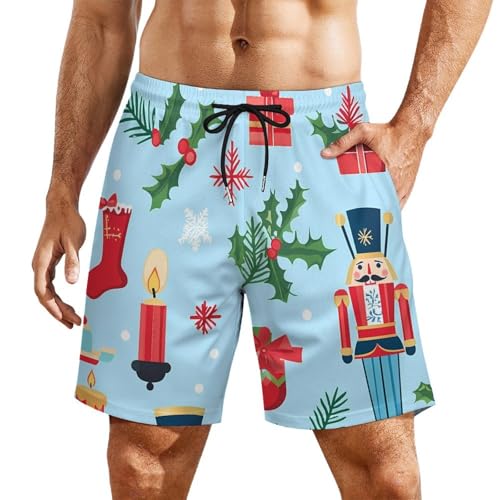 Christmas Decorations and Nutcrackers Beach Shorts for Men Swim Trunks Quick Dry Swim Shorts with Compression Liner Pocket