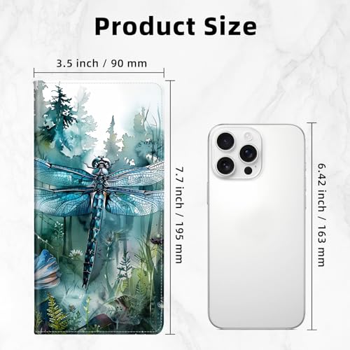 Slim Thin RFID Blocking Credit Card Wallets, Long Wallet for Women, Bifold PU Leather Credit Card Holder Cute Cash Clutch Long Billfold, Button protection, Dragonfly and Forest2