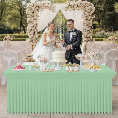 Image of Smiry 2 Pack Spandex Elastic Fitted Table Cloth Skirt for 6FT Table | Stretch Washable Table Cloth, Banquet Table Cover for Wedding, Party, Indoor & Trade Shows, (Light Green, 72Lx30Wx30H)