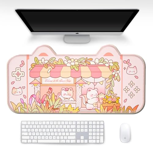 PERFECTSIGHT Cute Cat Desk Mat Kawaii Flower Store Desk Pad, Pink Switch Large Gaming Mouse Pad, Funny Florists Deskmat Mousepad, Anime Laptop Keyboard Pad Office Home Decor for Women Girls, Kitty