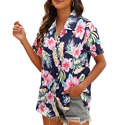 MYHALF Women Hawaiian Shirt Soft Cool Summer Hawaii Shirts Floral Tropic Print V Neck T-Shirt Short Sleeve Button Up Tops3