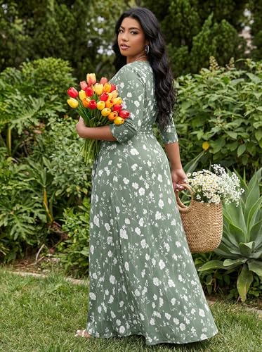 Image of SUZONANA Plus Size Dresses for Women Floral Print Maxi Dress Flowy 3 /4 Sleeve with Belt