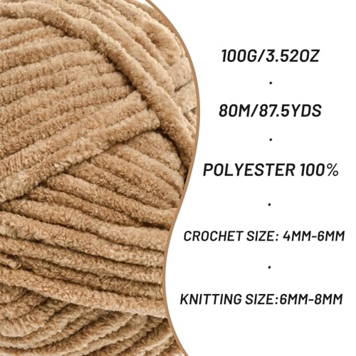 Image of 3 Pack Fluffy Chenille Yarn for Crocheting, Chunky Velvet Yarn for Crochet Amigurumi, Baby Yarn for Crocheting Soft Blanket, 262.4yds /10.5 oz Bulky Yarns for Crafts /Hats /Shoes /Socks (3 Deep Khaki)