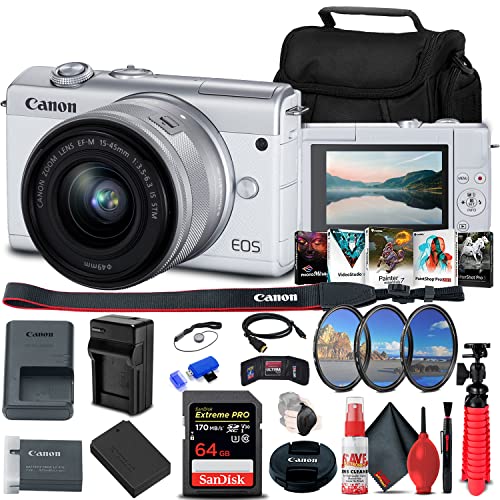 Canon Eos M200 Mirrorless Camera With 15-45Mm Lens (White) (3700C009) + 64Gb Memory Card + Filter Kit + Lpe12 Battery + Charger + Card Reader + Corel Photo Software + Hdmi Cable + More (Renewed) #TOP20