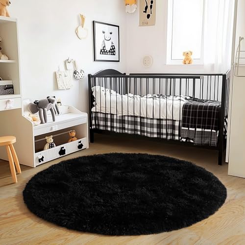 6‘x6’ Black Round Rug for Bedroom, Ultra Soft Fluffy Circle Rug for Kids Girls Boys Room, Cute Shag Rugs for Living Room Playroom Teen Room Home Decor Rug
