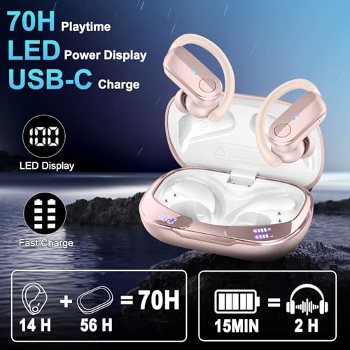 Image of Ordtop Sport Wireless Earbuds with Earhooks, 70H Playtime, IPX8 Waterproof | Bluetooth 5.4, 4 ENC Microphones, Deep Bass Sound, LED Display, USB-C Fast Charging, Secure Fit For Running, Gym And Workouts