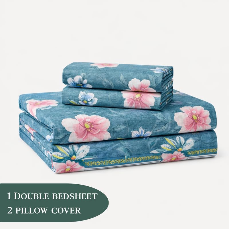 Image of THEA Elastic Fitted Double Bedsheet Set| 100% Cotton Like Soft Fabric | Double Bedsheet for Double Bed (72 X 78 x 6 inches) with 2 Pillow covers,Royal Teal Flora