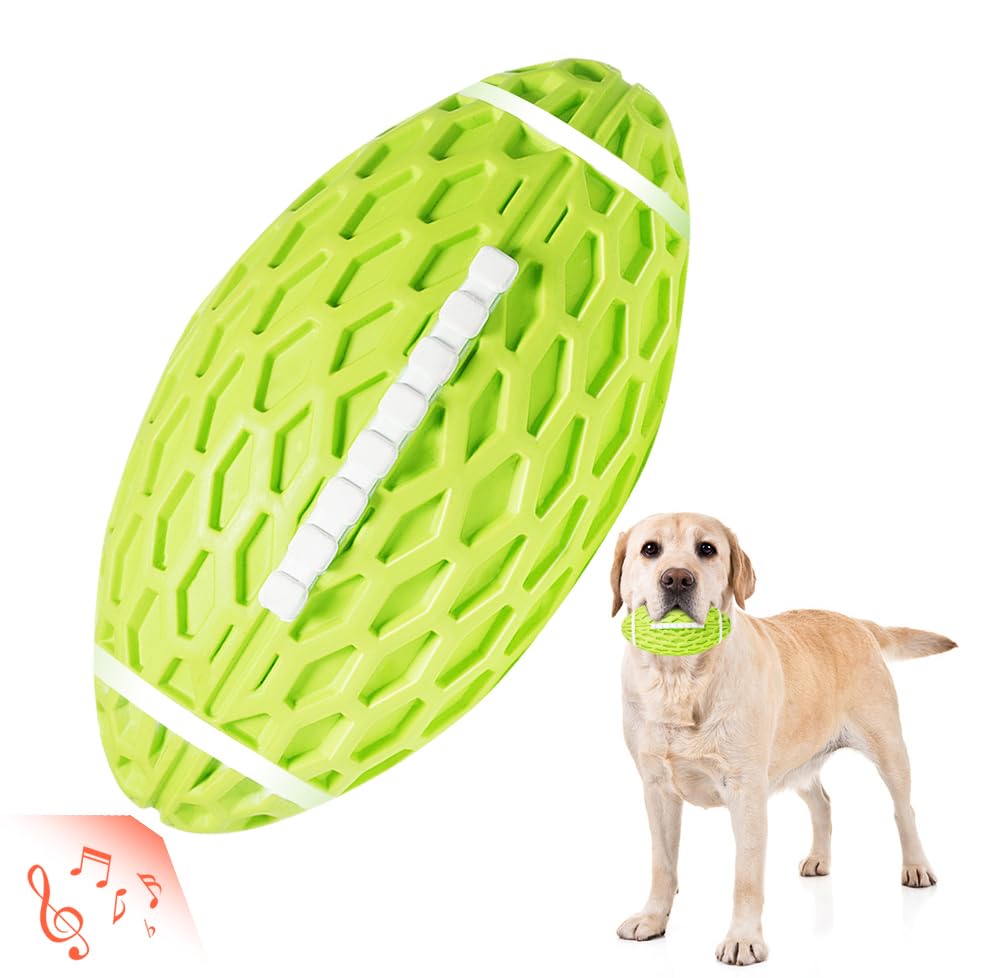 AUSCAT Hundespielzeug Ball Quietschend, 14cm Hundeball für Mittlere & Große Hunde, Quietschspielzeug Football-Form aus Naturkautschuk, Grün Rugby
