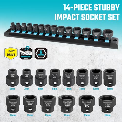 Image of DURATECH 10-Piece 3 /8 inch Drive Stubby Impact Socket Set for Narrow Spaces | 10mm-19mm, Metric, Cr-Mo Steel, Size Markings, Organized in Magnetic Storage Rail, for Tight Spaces, Automotive Repairs