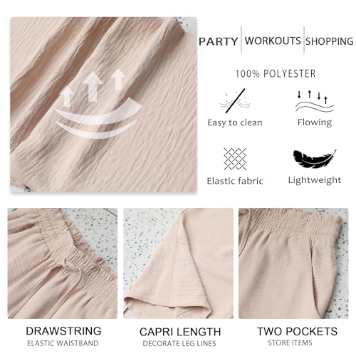 Image of Anyhold Women's Capri Pants Drawstring Casual Palazzo Trousers with Pockets Loose High Waisted Wide Leg Lounge Pants