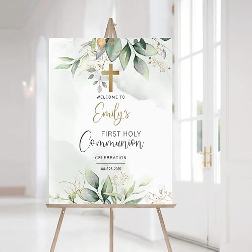 Personalized First Communion Welcome Sign, First Communion Decoration, Custom First Communion Welcome Sign, Greenery Communion Welcome Sign, Baptism Welcome Sign, Plastic Sign Weatherproof -08 #TOP5