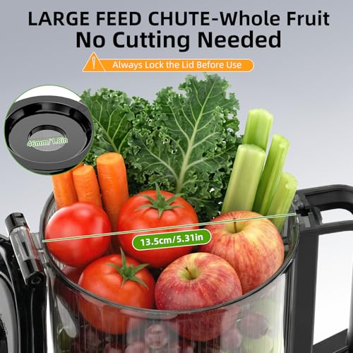FIMEI Extractor de Zumos y Verduras, Licuadora Prensado en Frio para Verduras Frutas Enteras con Apertura de 135 MM, Fácil Montaje y Limpieza, Extractor de Jugo Incluye 2 Vasos, Sin BPA, Base inox - imagen 3
