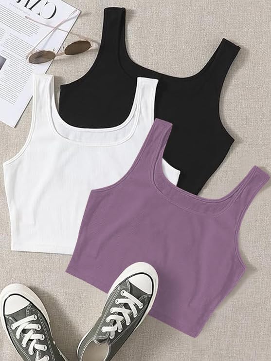 Image of Toochki Women's Knitted Sleeveless Solid Sqaure Neck Ribbed Tank & Crop Tops (Pack of 3)