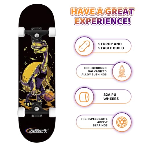 Image of Nattork 31 Inch Complete Skateboard, Standard Skateboards for Beginners, Wood 9 Layer Canadian Maple Trick Skate Boards for Boys Girls Youth Teens Adults