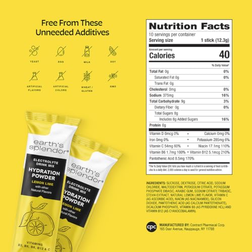 Image of Earth's Splendor Hydration Powder Sugar Free Lemon Lime Electrolyte Mix | Zero Sugar Drink Mix Electrolytes Daily Hydration Refreshing Flavor Energy Support Ten Servings