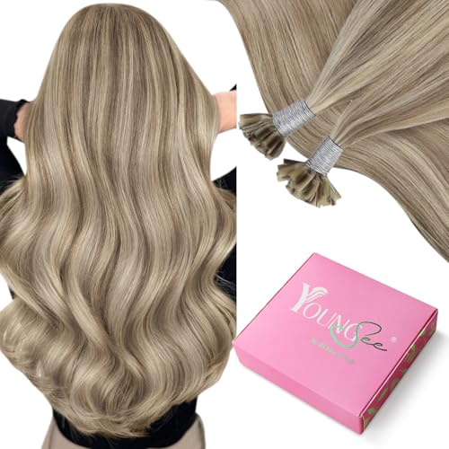 Image of YoungSee U Tips Hair Extensions Real Human Hair Brown to Blonde U Tip Extensions for Women Light Brown Highlight Blonde Hair Extension U Tips 22In Ktip Hair Extension Human Hair Straight 50s /50g
