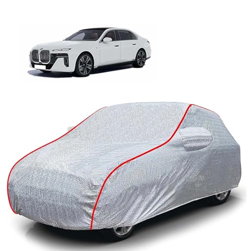 Image of Sulfar 100% Waterproof Car Body Cover Compatible with Mirror for BMW i7(Electric) (Triple Stitched, Full Bottom Elastic, Magic Silver with Red Piping)