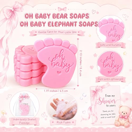 Image of 50 Sets Baby Shower Soap Favors for Guests - Mini Handmade Footprint Scented Soap with Thank You Cards and Organza Bag, Party Gifts for Gender Reveal Baptism (Bow,Pink)