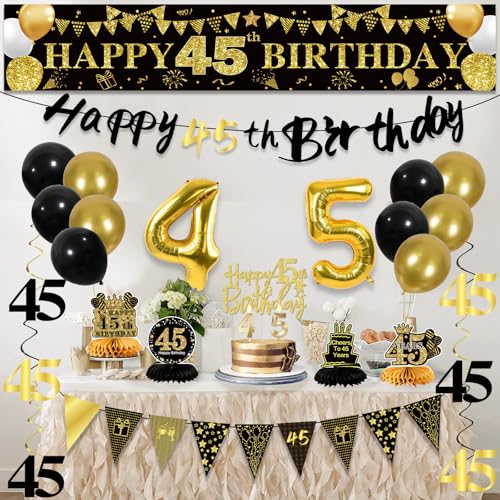 Image of 45th Birthday Decorations for Men, Black Gold 45th Party Decoration Kits