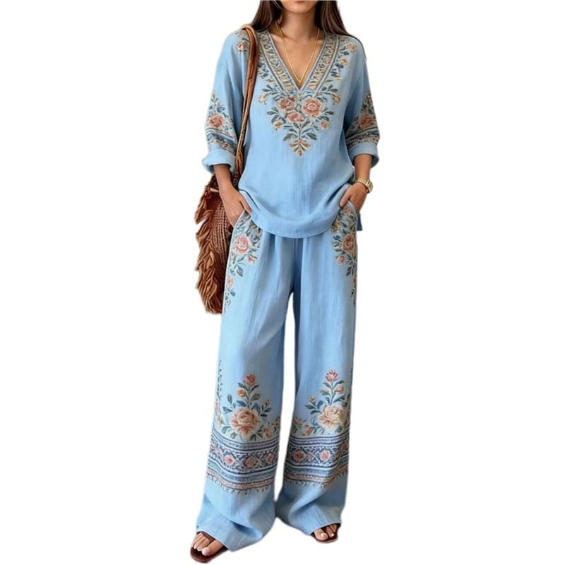 Ensemble 2 pièces femme imprimé fleurs bohème avec haut col V et pantalon large