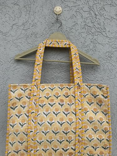 Image of Quilted Cotton Hand printed Reversible Large multicolor cotton Tote Bag,Indian Handmade Block Printed Tote Bag Women Handbag