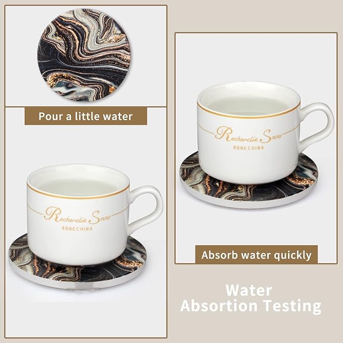 Image of 6 Pcs Black and Gold Wood Coasters with Holder Best Round Absorbent Coasters for Drinks, Coffee, Beer, Table Marble Personalized Coaster Sets