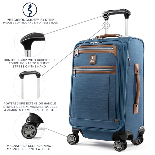 Image of Travelpro Platinum Elite Softside Expandable Carry on Luggage, 8 Wheel Spinner Suitcase, USB Port, Suiter, Men and Women, Coastal Blue, Carry On 21-Inch