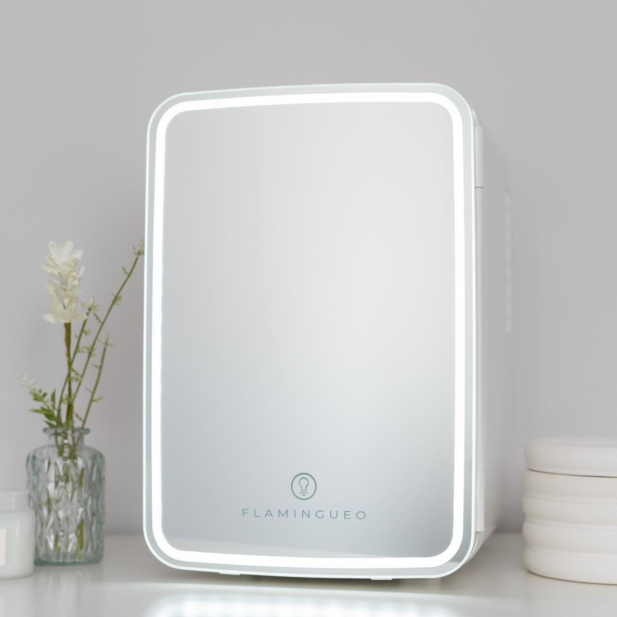 Flamingueo Nevera Pequeña 10L - Mini Nevera Espejo y Luz LED, 12V/220V, Función Frío y Calor, Nevera Cosmeticos y Skincare, Mini Fridge