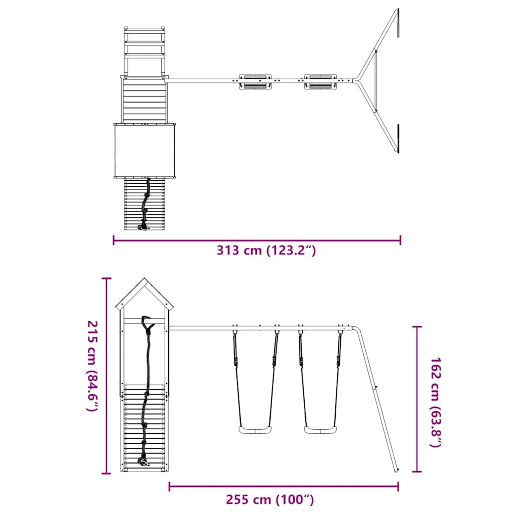Wieża do zabawy z litego drewna daglezji, podest 90 cm, podwójna huśtawka, ścianka wspinaczkowa z liną, drabina, piaskownica do ogrodu, na taras i podwórko, dla dzieci w wieku od 3 do 8 lat