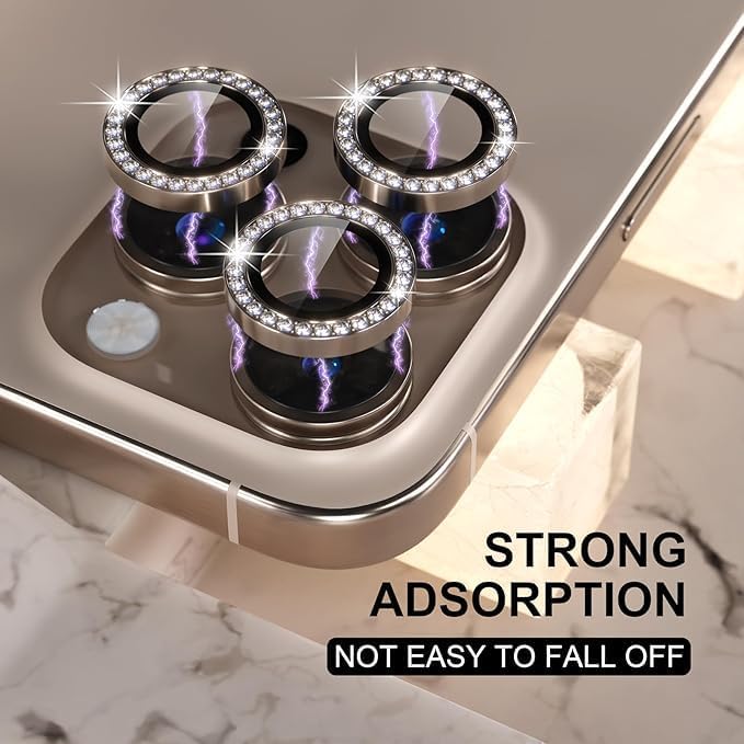 Image of Compatiable with iPhone 16 Pro / 16 Pro Max Camera Lens Protector Ring - Diamond Design | 9H Tempered Glass | HD Clear | Anti-Scratch | Anti-Drop Desert Titanium Diamond