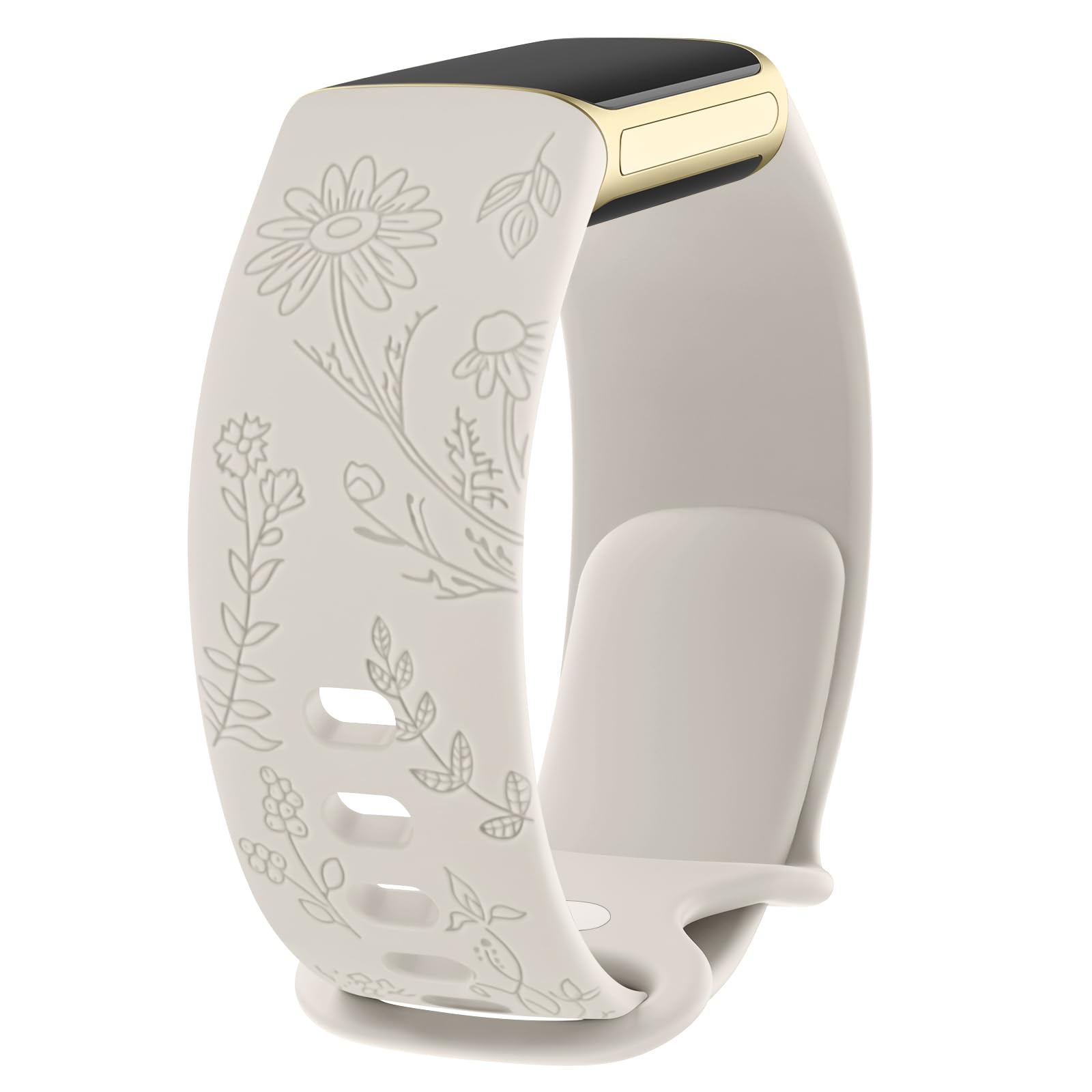 Silicone Floral Engraved Bands Compatible with Fitbit Charge 6 Bands/Fitbit Charge 5 Bands, Soft Adjustable Waterproof Sport Strap for Fitbit Charge 6/Charge 5 Fitness Tracker