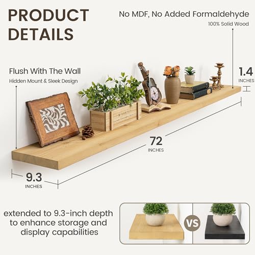Image of Marsmiles 72 Inch Floating Shelf | 9.3 Inch Deep Natural Wood Shelf Set of 1 | 72''W x 9.3''D x 1.4''H Wood Shelves for Living Room Bathroom, 45LBS Capacity, Hardware Included
