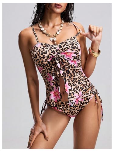 Floerns Women's 2 Piece Swimsuit Y2k Cheetah Floral Ruffle Cami Top Ruched Drawstring Tie Side Tankini Set3