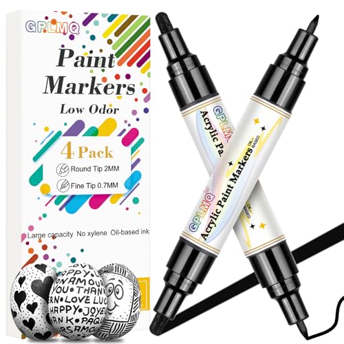 GPLMQ Black Paint Pens - 4 Pack Dual Tip Acrylic Paint Markers (0.7mm & 3mm), Non-Toxic, Water-Based Black Markers for Art Painting, Stone, Ceramic, Glass, Wood, Fabric, Metal, DIY Crafts