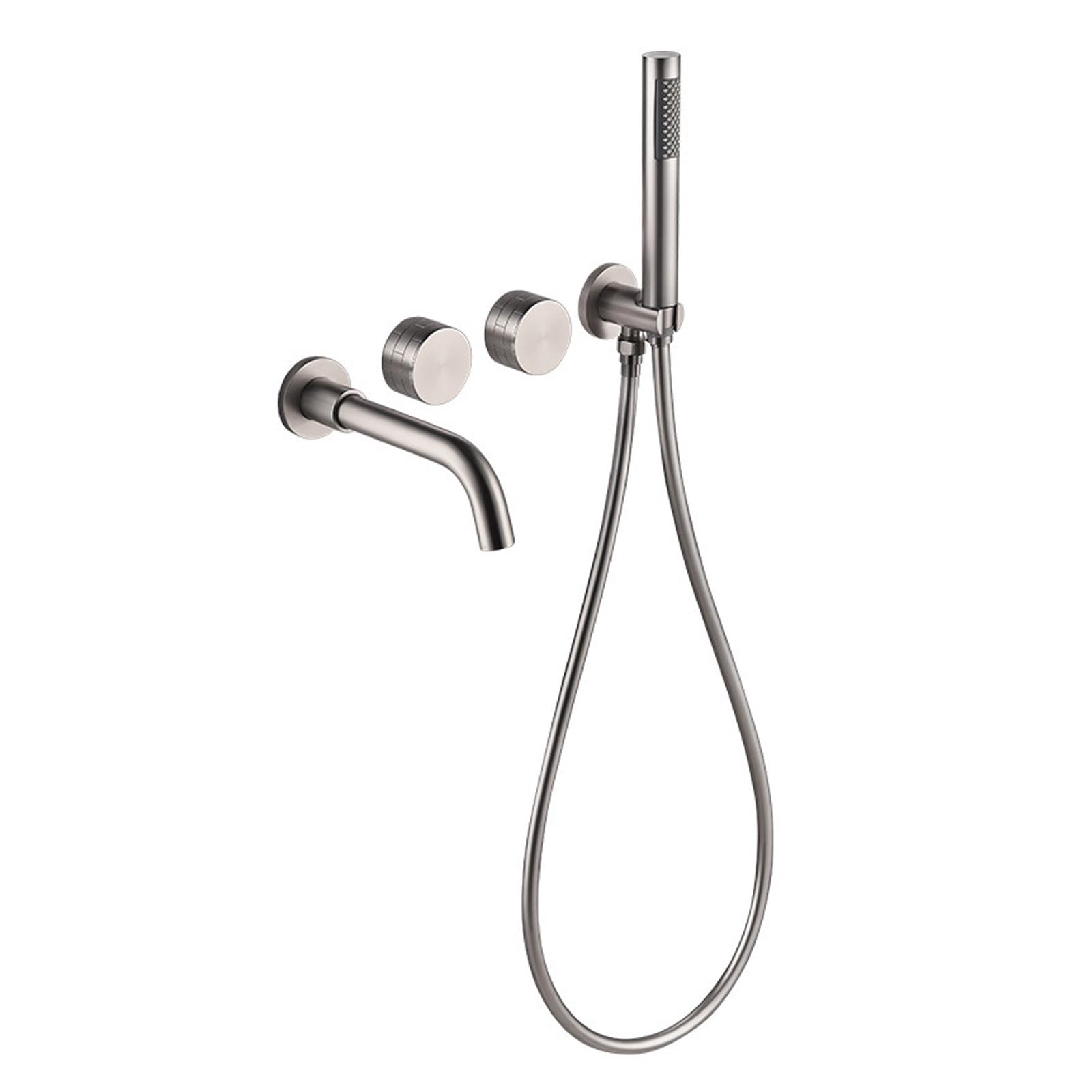 SWENEEN Modern Brass Wall Mounted Bathtub Faucet With Hand Shower And 2 Lever Handles 360° Swivel Tub Spout,Brushed