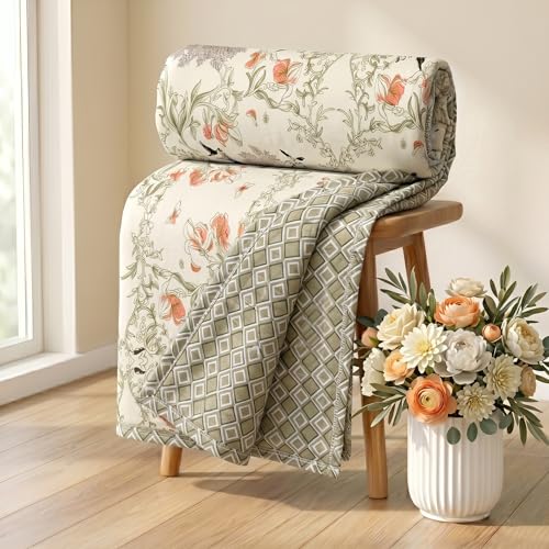 Image of HOMEKART Premium 100% Cotton Dohar for Single Bed | Reversible AC Blanket | Lightweight All Season Comforter | Soft & Breathable Summer Quilt for Adults | 150 GSM | 88 x 58Inches (Vintage Peach Vine)