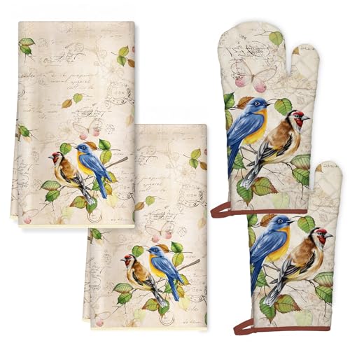 Arquiel Lot de 4 Oiseaux Rétro Gants et maniques en Coton Résistant à Chaleur, Torchon Cuisine en Polyester Absorbant pour la Cuisson du Barbecue Cadeau...