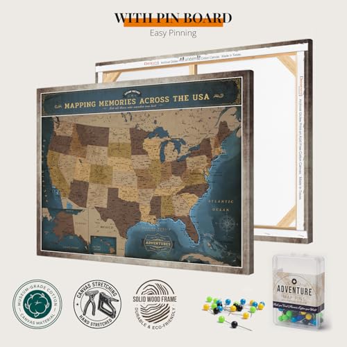 Image of DECORARTS - Deep Blue Vintage USA Travel Map Canvas with Pins, US Map for Travel, for Living Room or Office, Ready to Hang, 35x28''