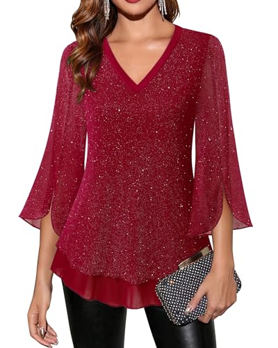 Timeson Christmas Tops for Women 2025: Sparkly Red 3/4 Sleeve - Fall Blouses for Women 2024 - Holiday Party Outfits Cocktail Formal Business Attire New Years Eve Night Out Fancy Plus Size Clothes 2XL