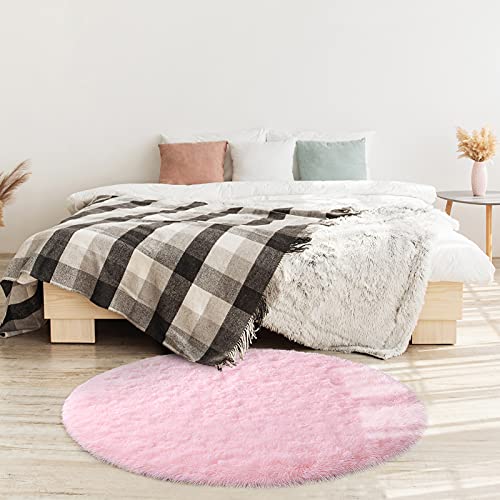 Yj.gwl Fluffy Round Rug Nursery Rug, Pink Circle Rug Kids Rug For Playroom, Fuzzy Rug Circular Carpet For Bedroom Living Room, Shaggy Rug For Cute Room Decor For Baby Teen Girls, 4 X 4 Feet #TOP2