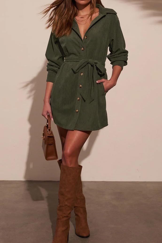 R.Vivimos Corduroy Cotton Mini Dress Fall Winter 2026 Casual Long Sleeve Button Down Belted Shirt Dress with Pockets - Image 3